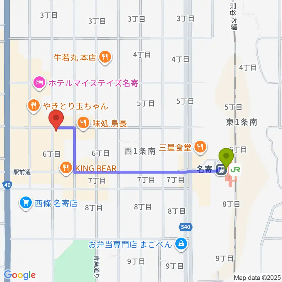 名寄One step cafeの最寄駅名寄駅からの徒歩ルート（約8分）地図