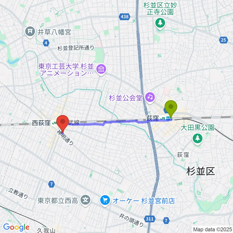 荻窪駅からw.jazへのルートマップ地図