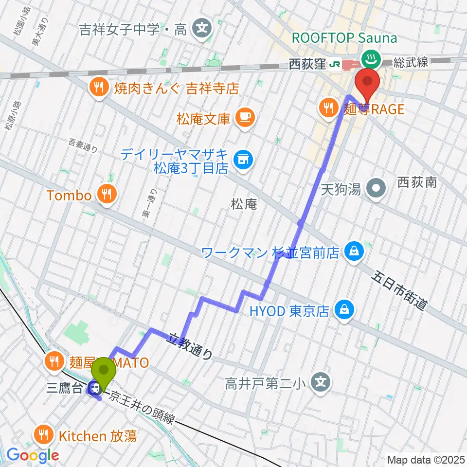 三鷹台駅からw.jazへのルートマップ地図