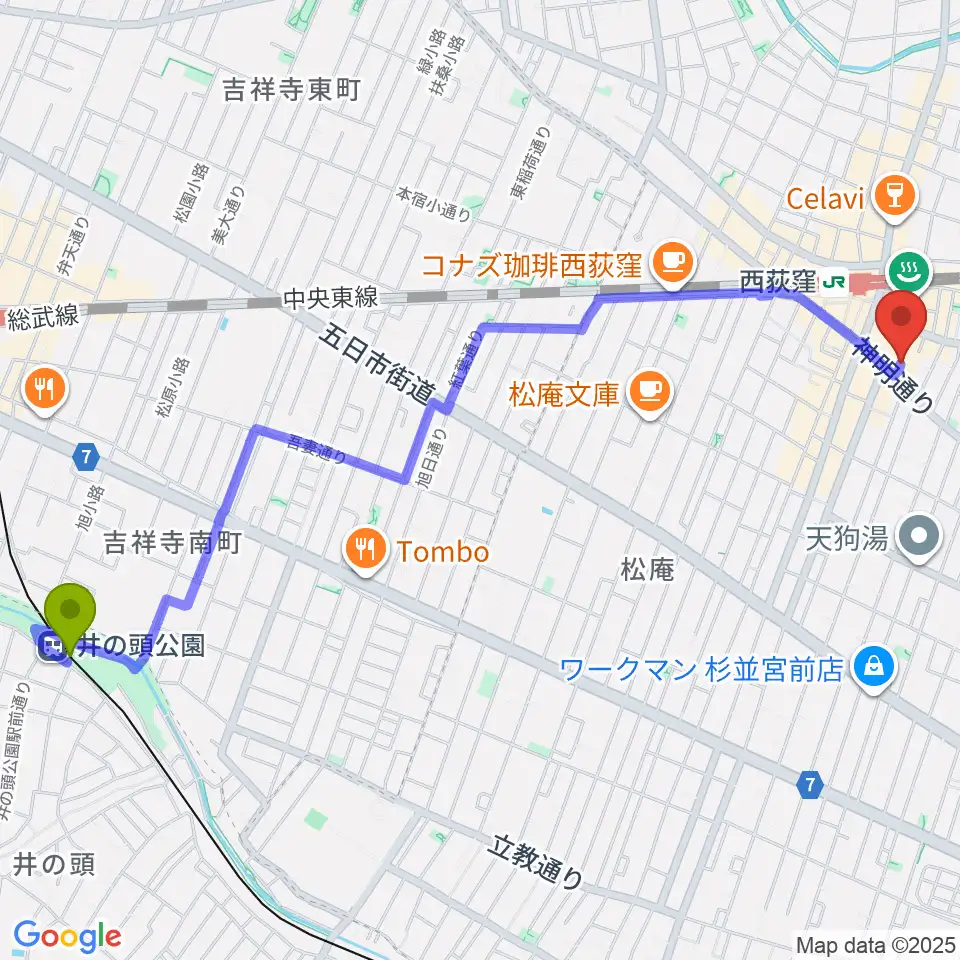 井の頭公園駅からw.jazへのルートマップ地図