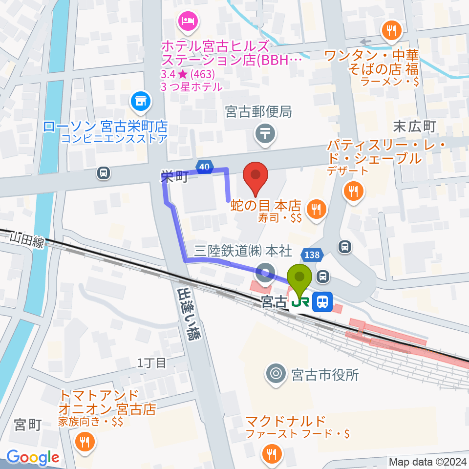 みやこハーバーラジオの最寄駅宮古駅からの徒歩ルート（約2分）地図