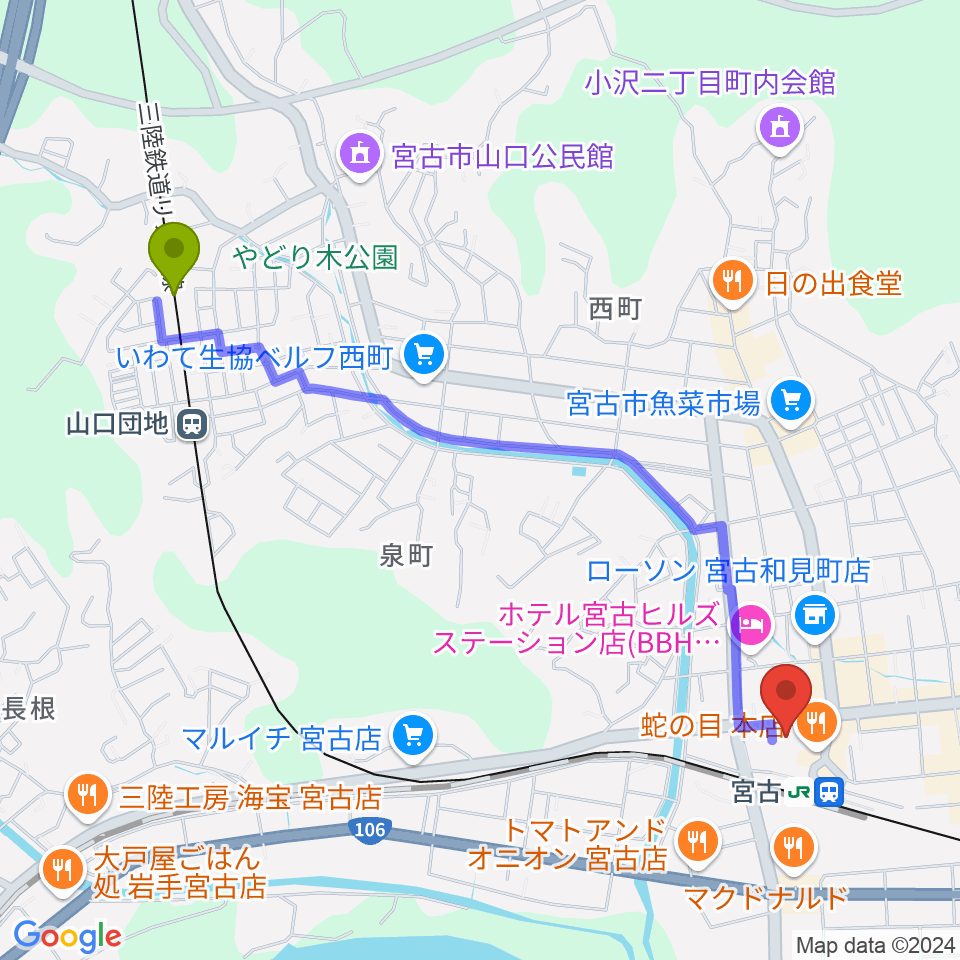 山口団地駅からみやこハーバーラジオへのルートマップ地図