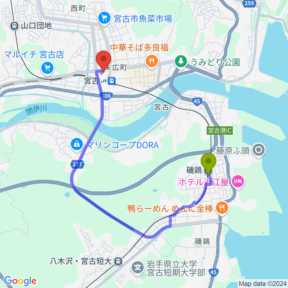 磯鶏駅からみやこハーバーラジオへのルートマップ地図