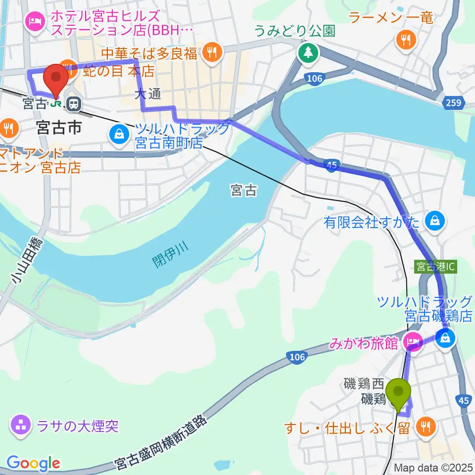 磯鶏駅からみやこハーバーラジオへのルートマップ地図