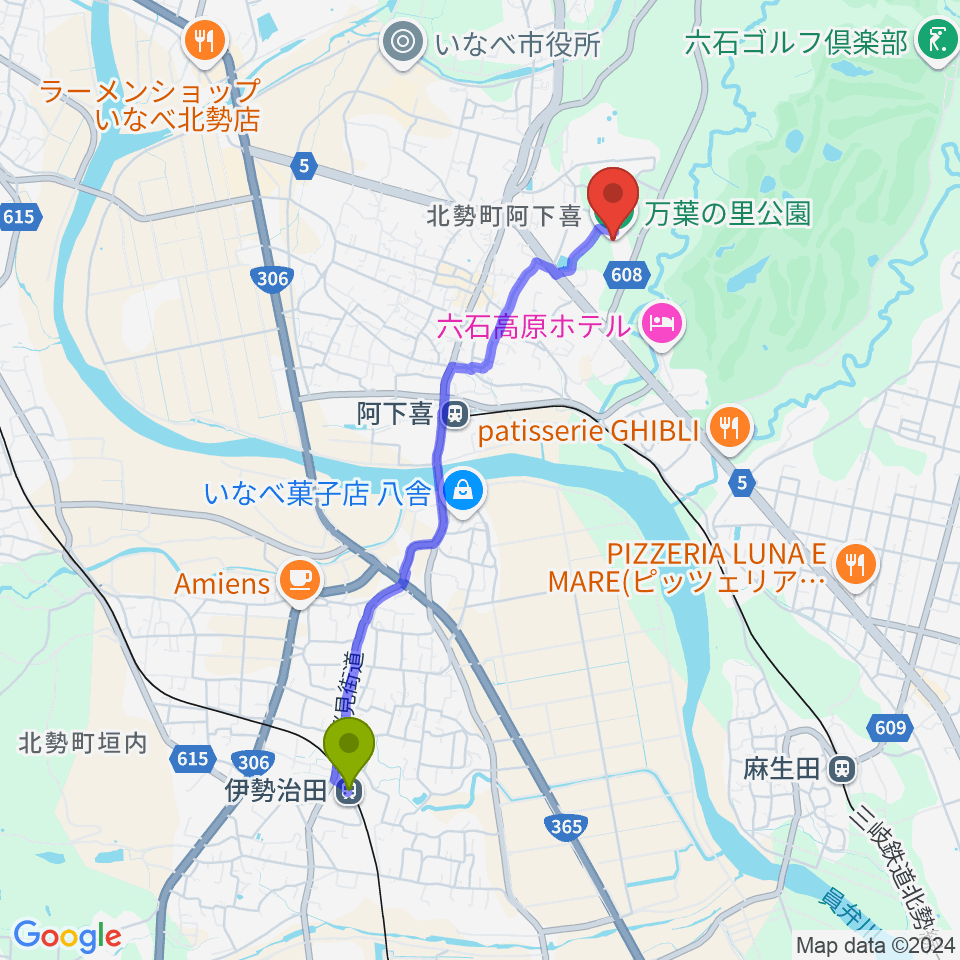 伊勢治田駅からいなべ市北勢市民会館へのルートマップ地図