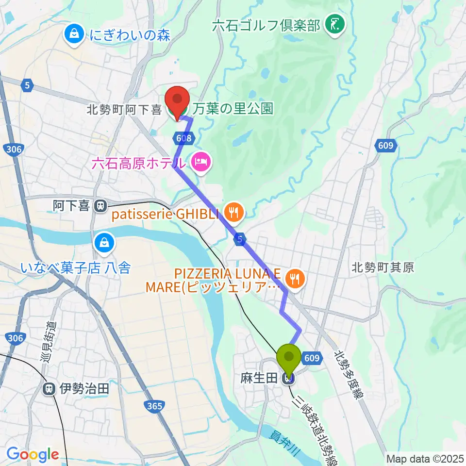 麻生田駅からいなべ市北勢市民会館へのルートマップ地図