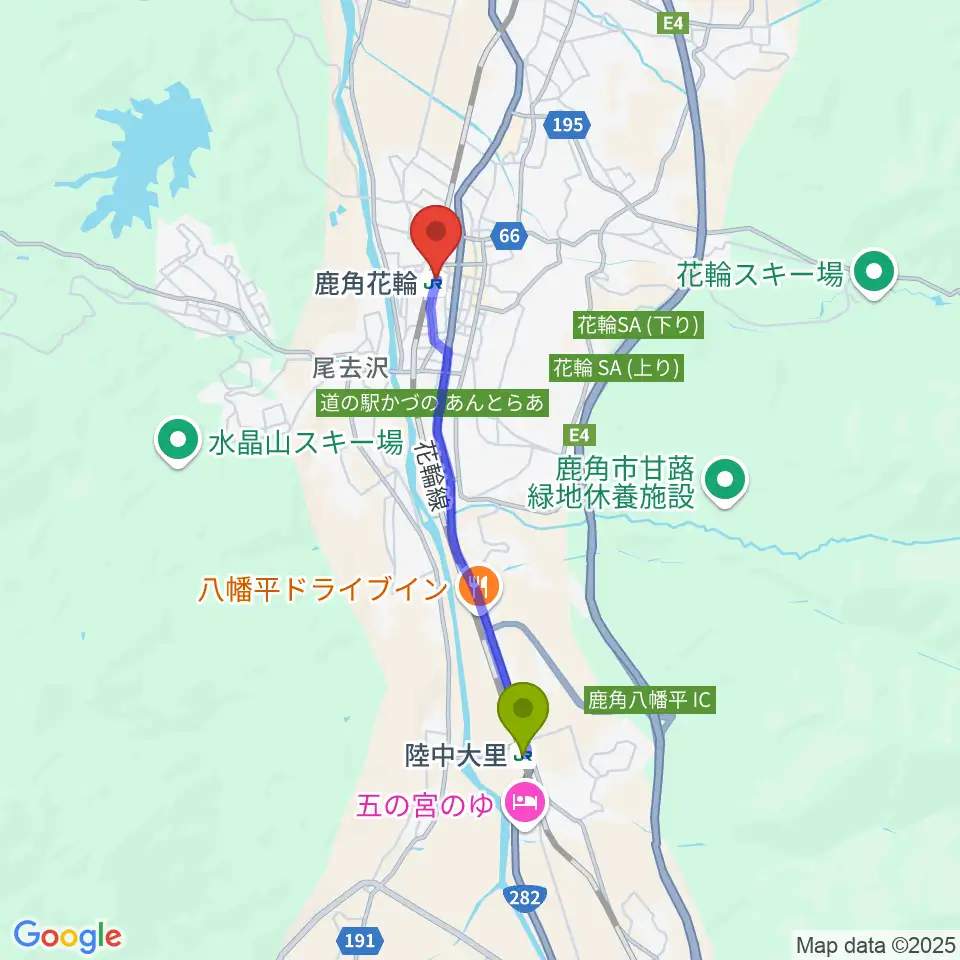 陸中大里駅から鹿角きりたんぽFMへのルートマップ地図