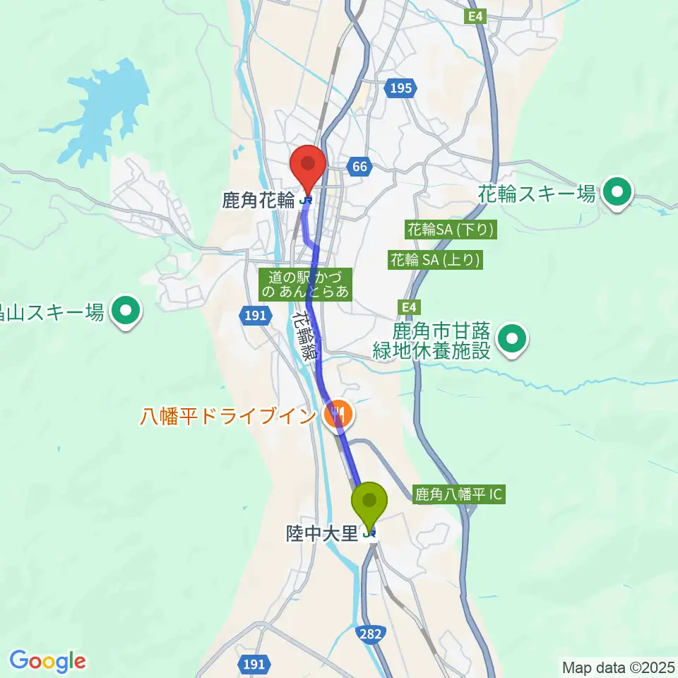 陸中大里駅から鹿角きりたんぽFMへのルートマップ地図