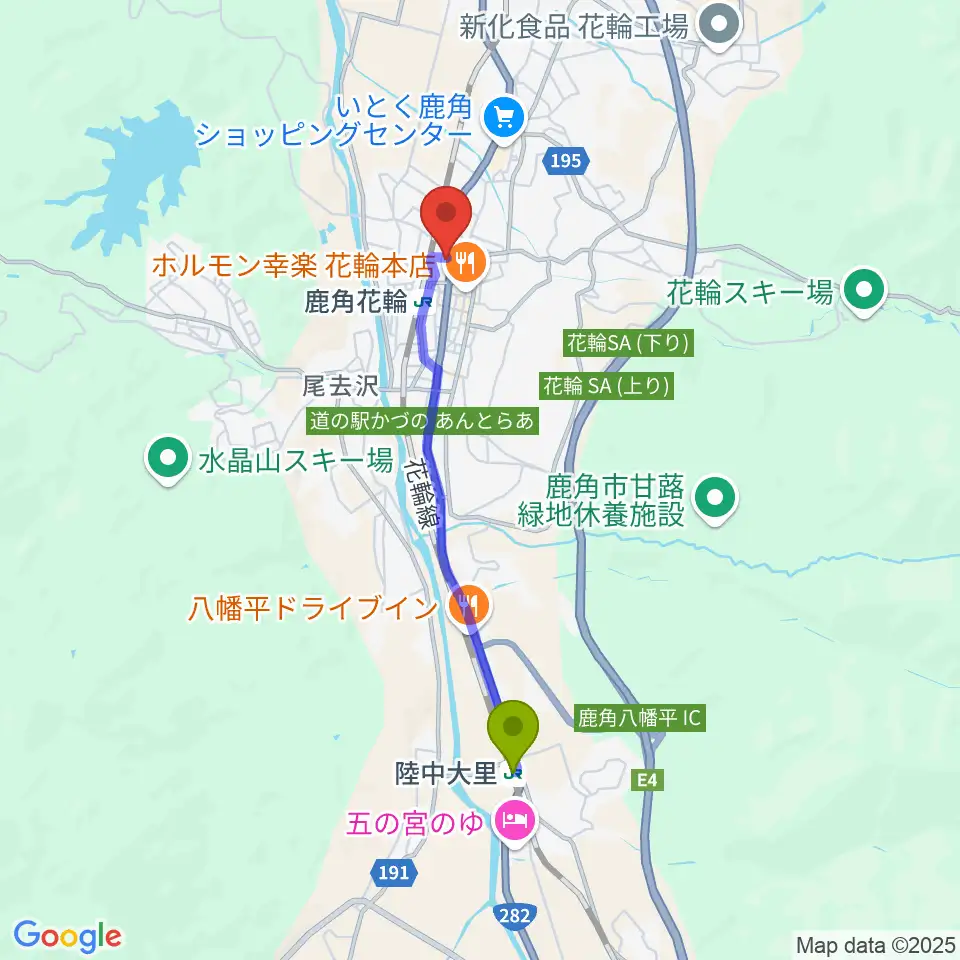 陸中大里駅から鹿角市文化の杜交流館 コモッセへのルートマップ地図
