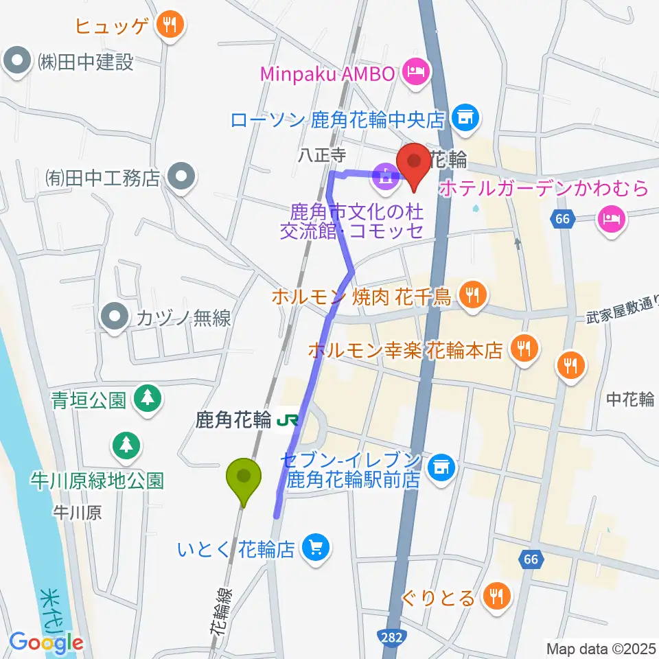 鹿角市文化の杜交流館 コモッセの最寄駅鹿角花輪駅からの徒歩ルート（約8分）地図