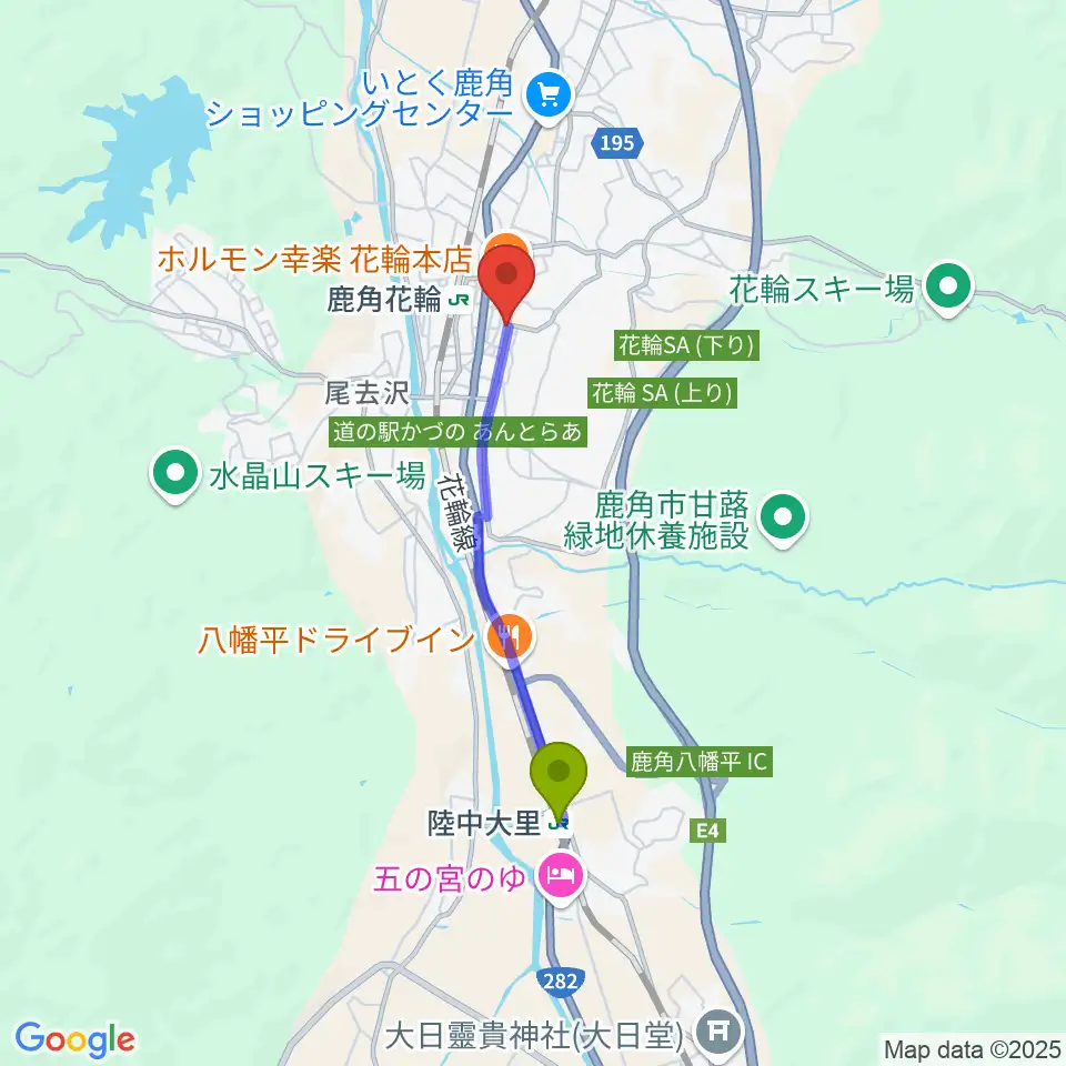 陸中大里駅から鹿角市交流プラザ MITプラザへのルートマップ地図