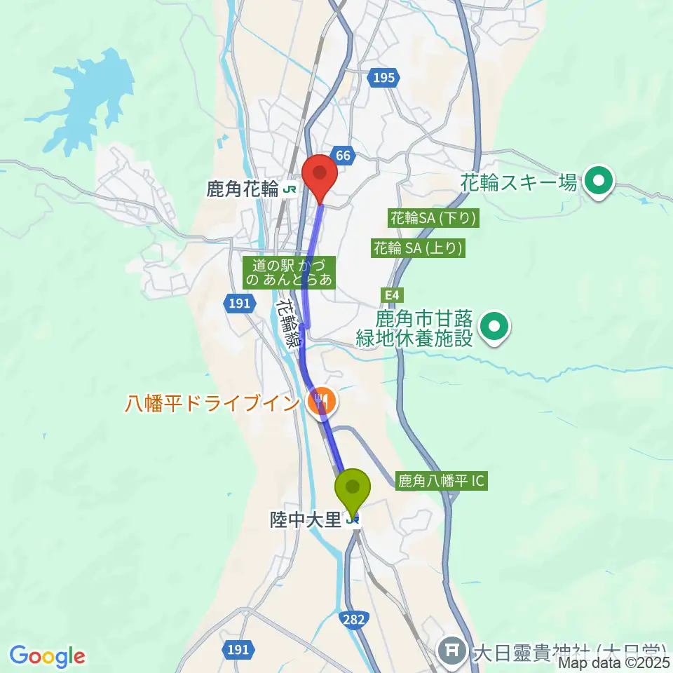 陸中大里駅から鹿角市交流プラザ MITプラザへのルートマップ地図