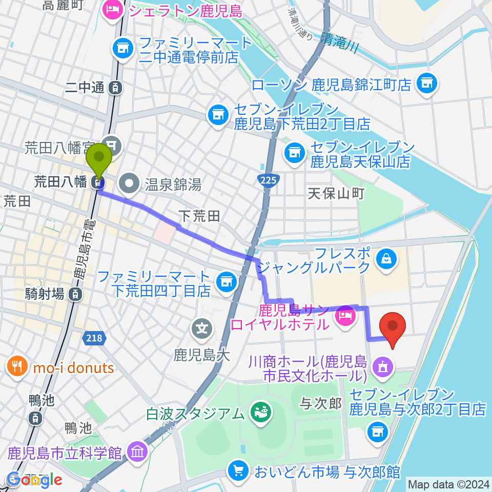 荒田八幡駅から南日本新聞会館みなみホールへのルートマップ地図