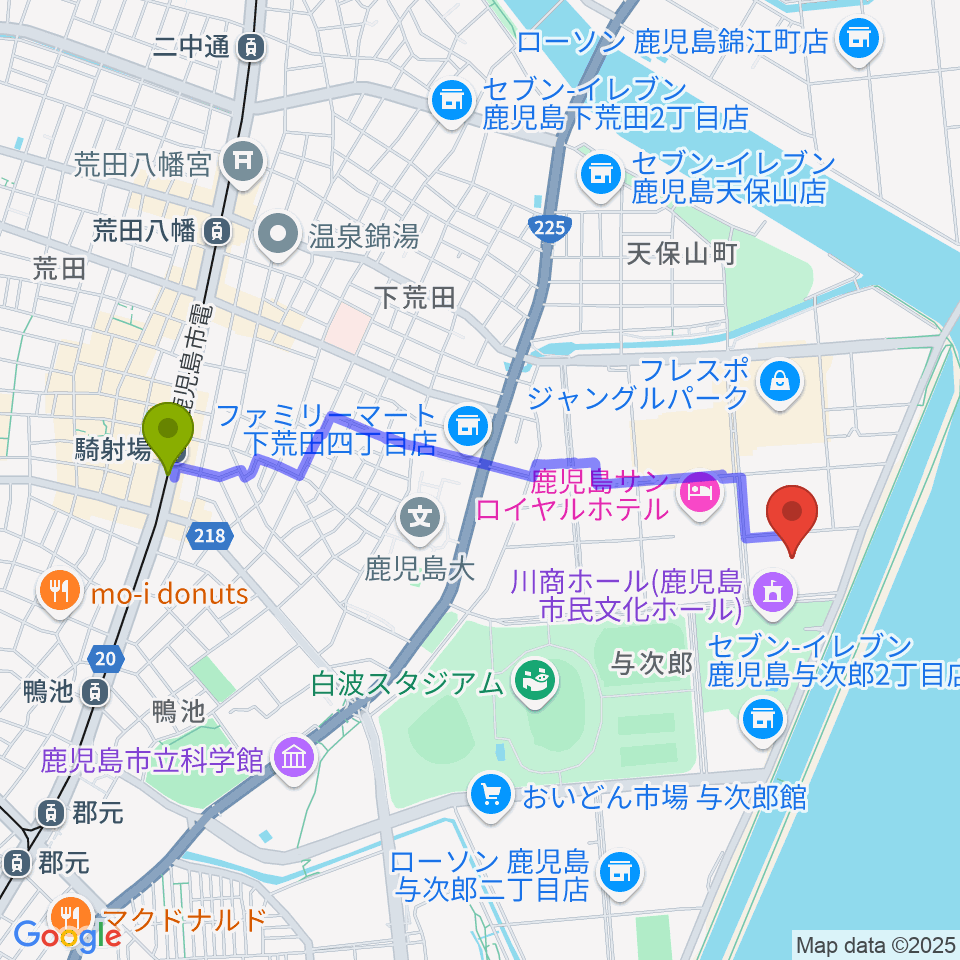 南日本新聞会館みなみホールの最寄駅騎射場駅からの徒歩ルート（約21分）地図