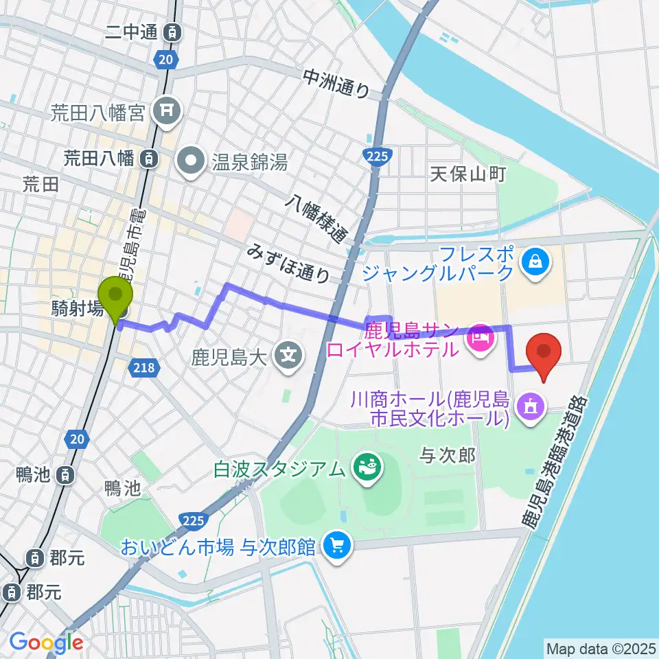 南日本新聞会館みなみホールの最寄駅騎射場駅からの徒歩ルート（約21分）地図