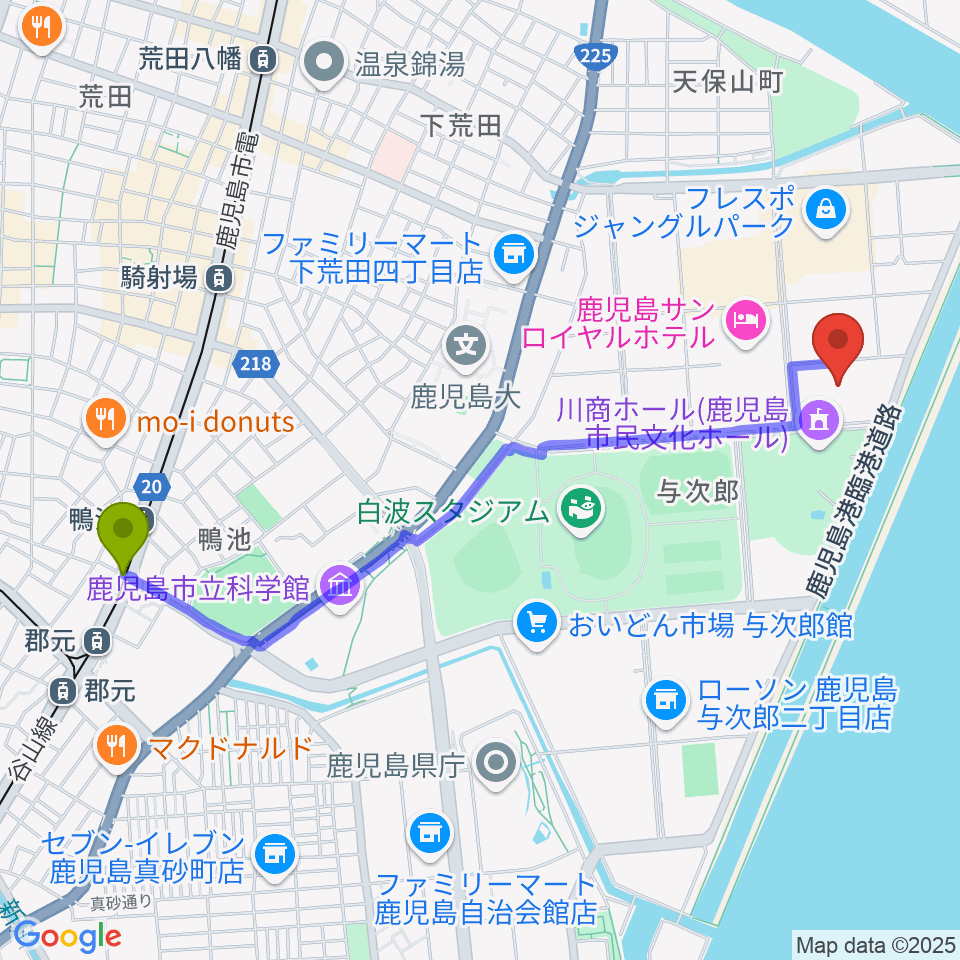 鴨池駅から南日本新聞会館みなみホールへのルートマップ地図