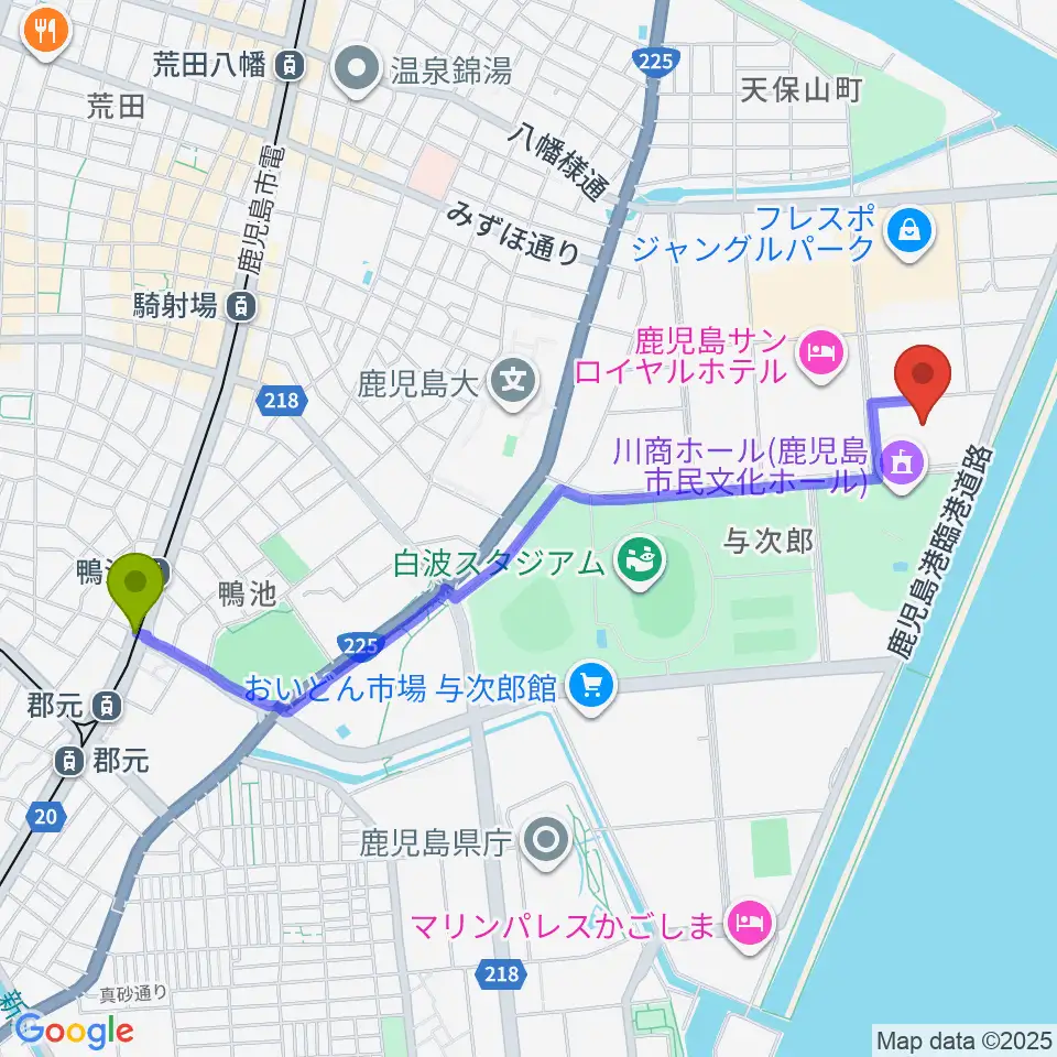 鴨池駅から南日本新聞会館みなみホールへのルートマップ地図