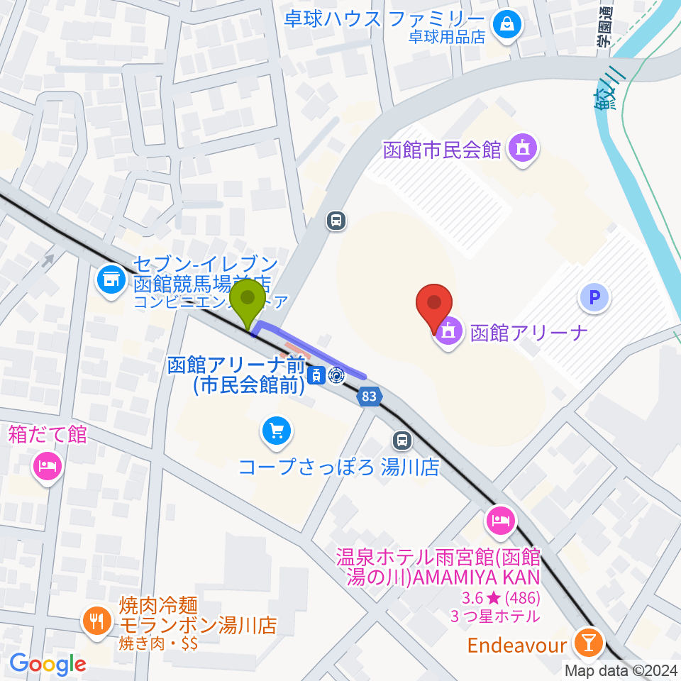 函館アリーナの最寄駅函館アリーナ前駅からの徒歩ルート（約2分）地図