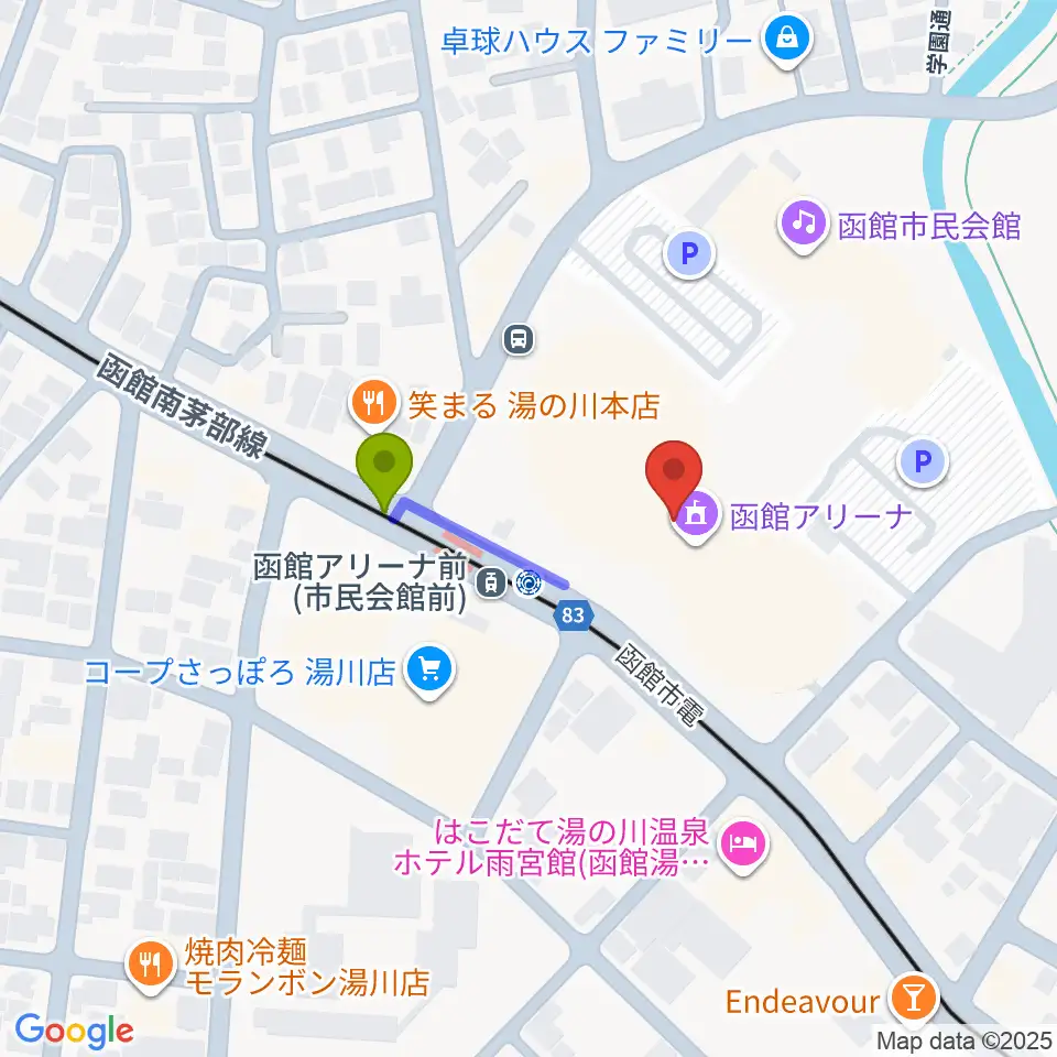 函館アリーナの最寄駅函館アリーナ前駅からの徒歩ルート（約2分）地図