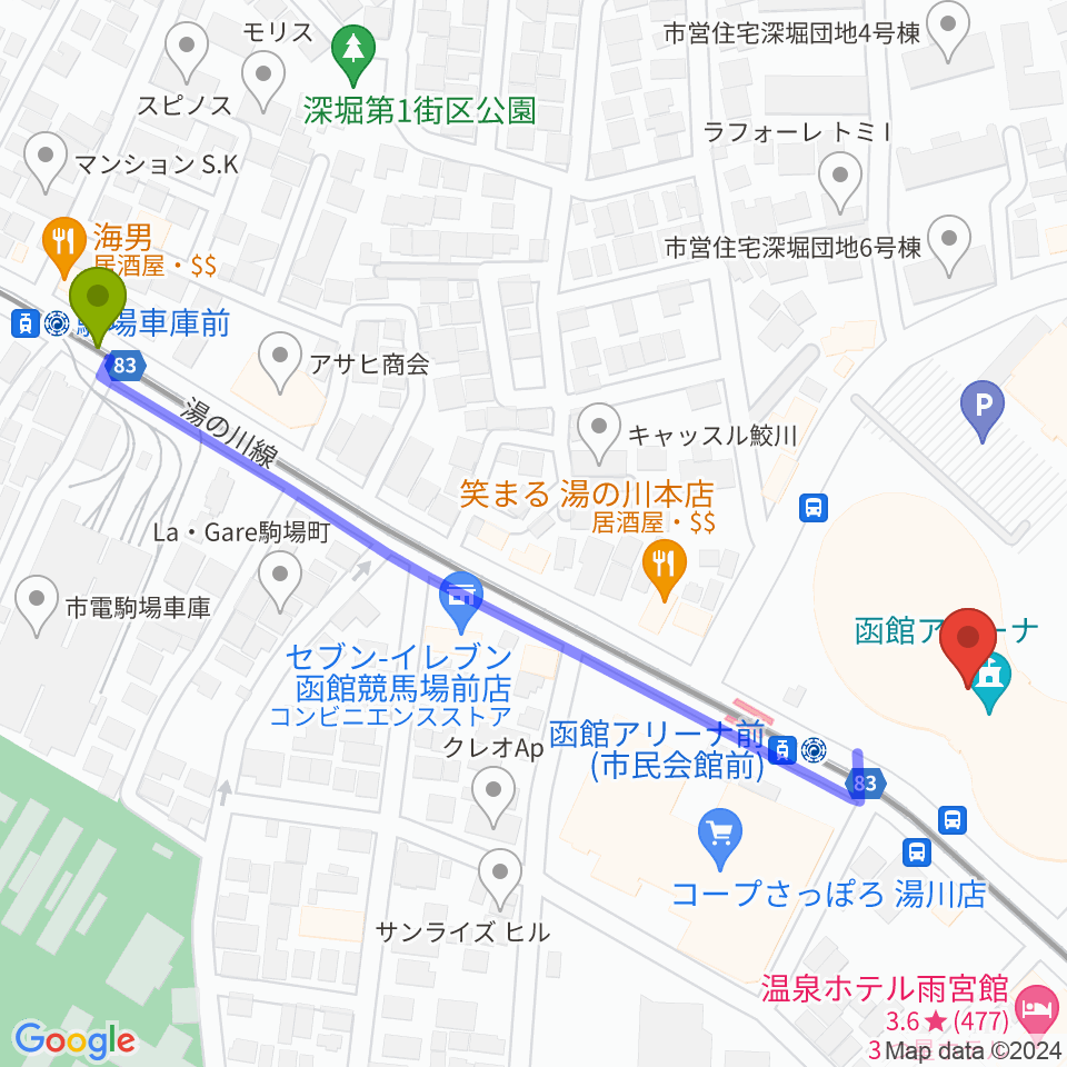 駒場車庫前駅から函館アリーナへのルートマップ地図