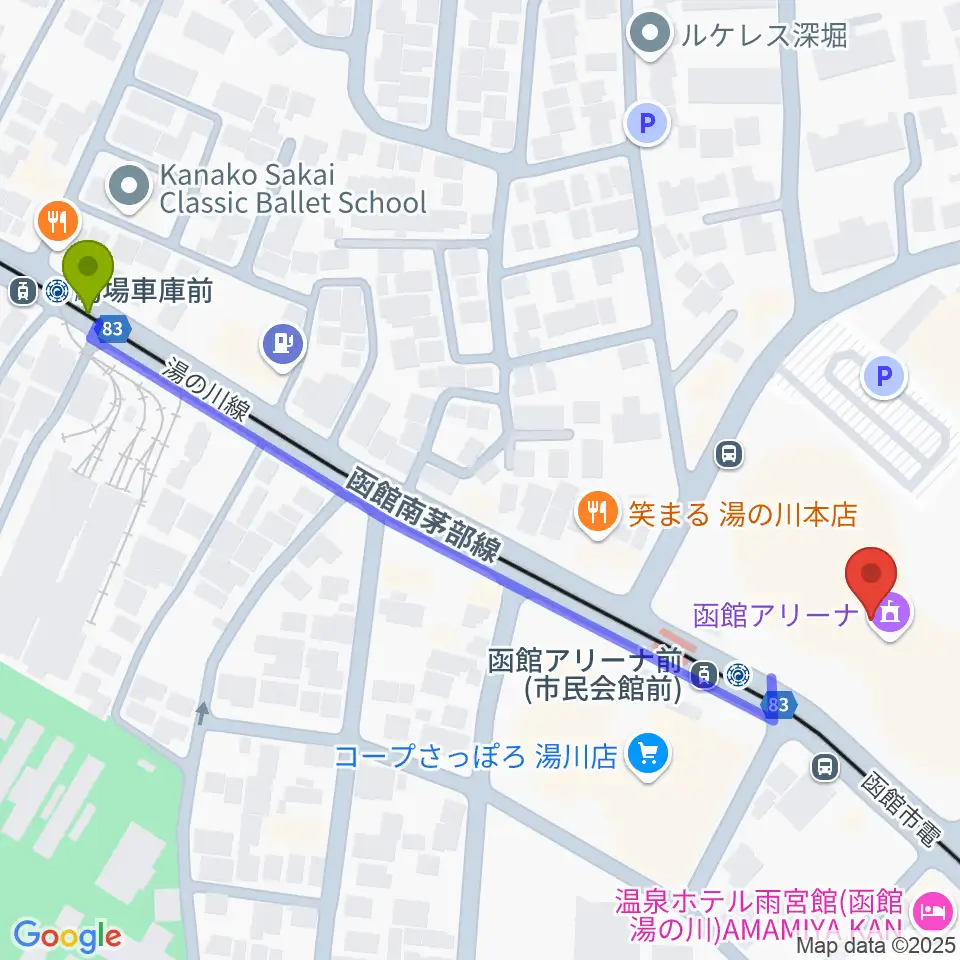 駒場車庫前駅から函館アリーナへのルートマップ地図