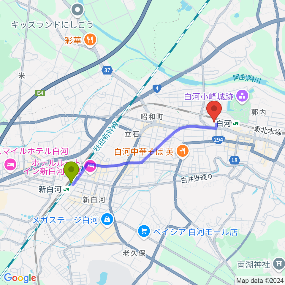 新白河駅から白河文化交流館コミネスへのルートマップ地図