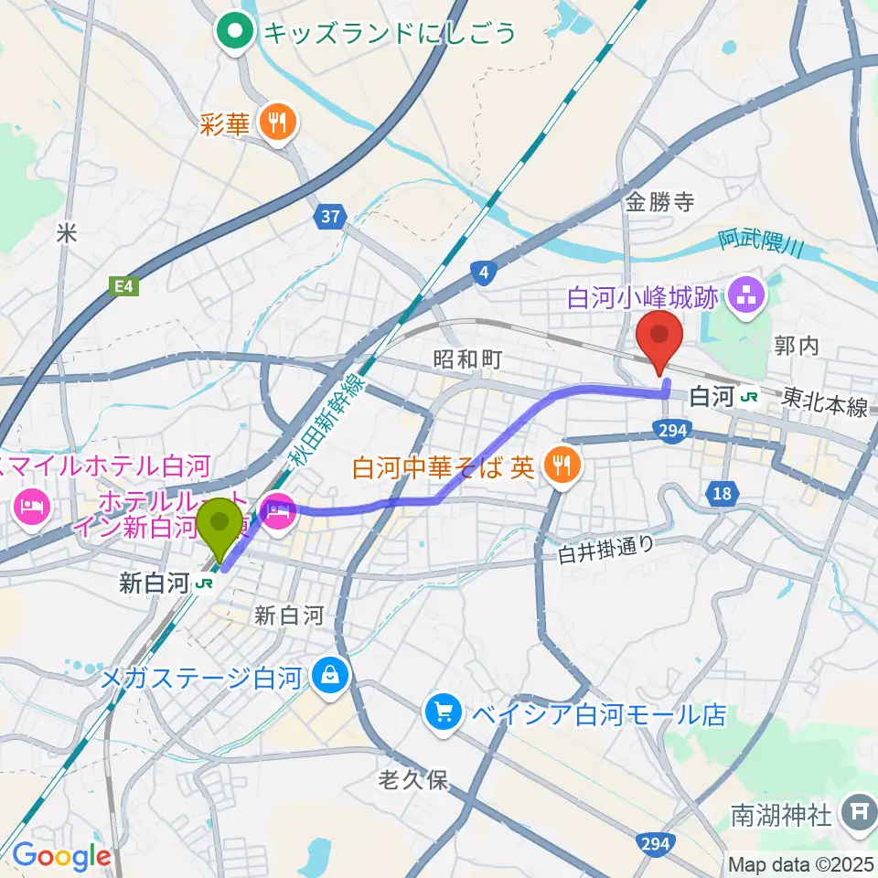 新白河駅から白河文化交流館コミネスへのルートマップ地図