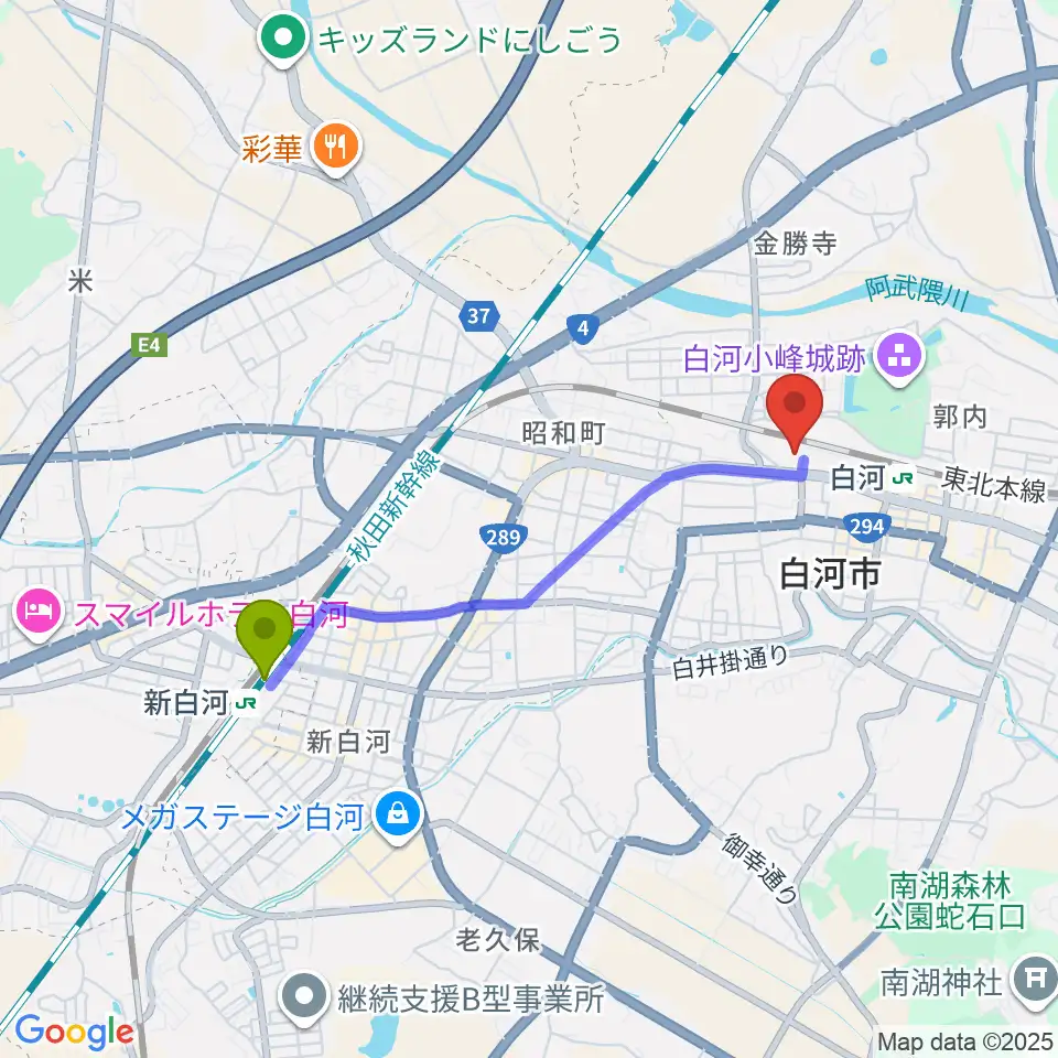新白河駅から白河文化交流館コミネスへのルートマップ地図