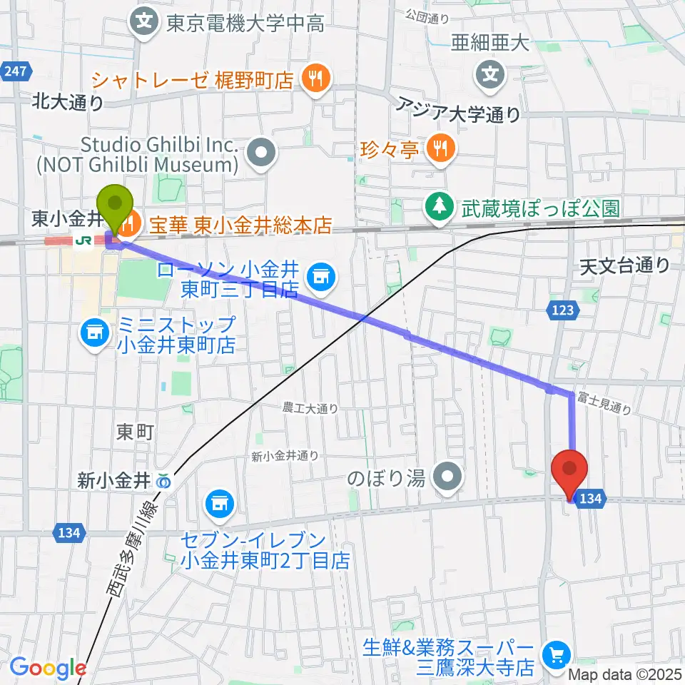 東小金井駅から武蔵境フォンタナへのルートマップ地図