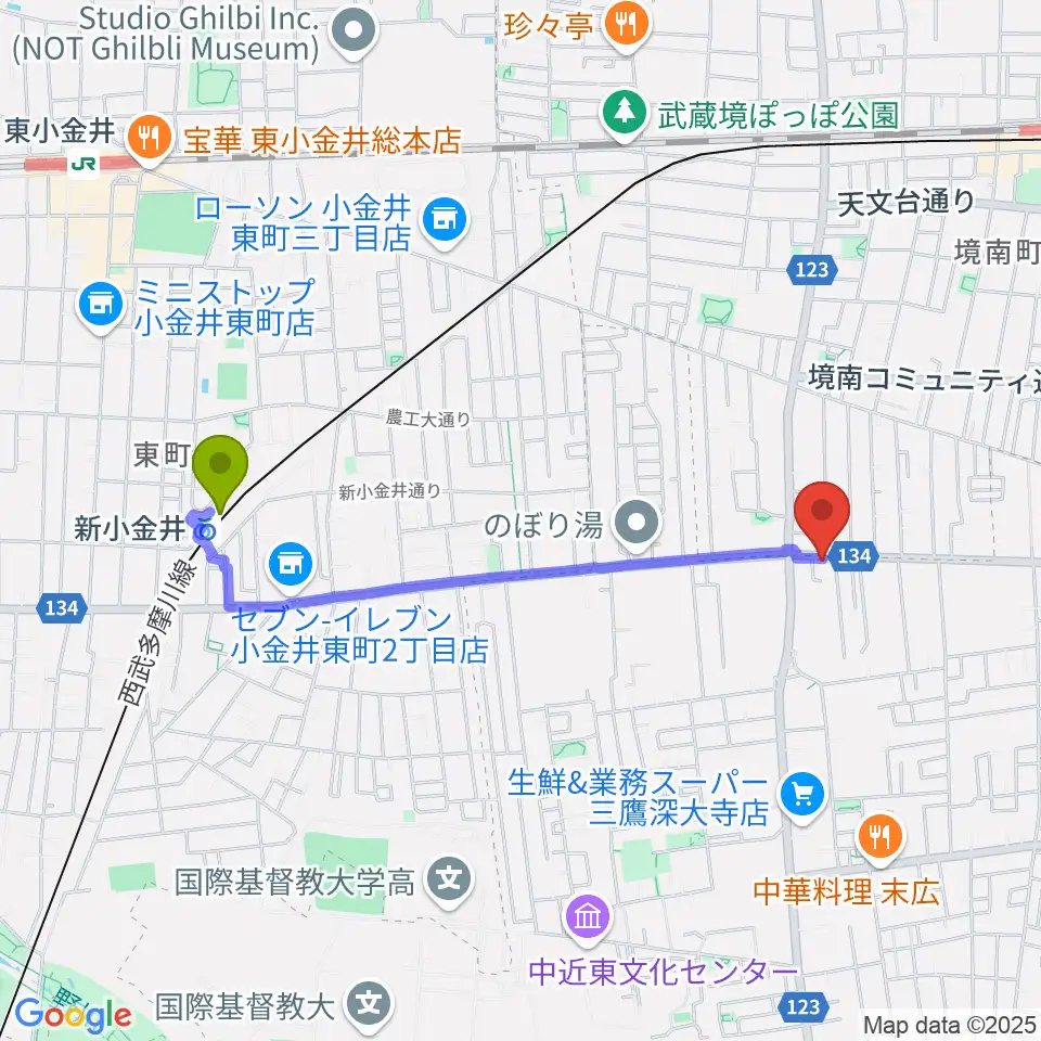 新小金井駅から武蔵境フォンタナへのルートマップ地図