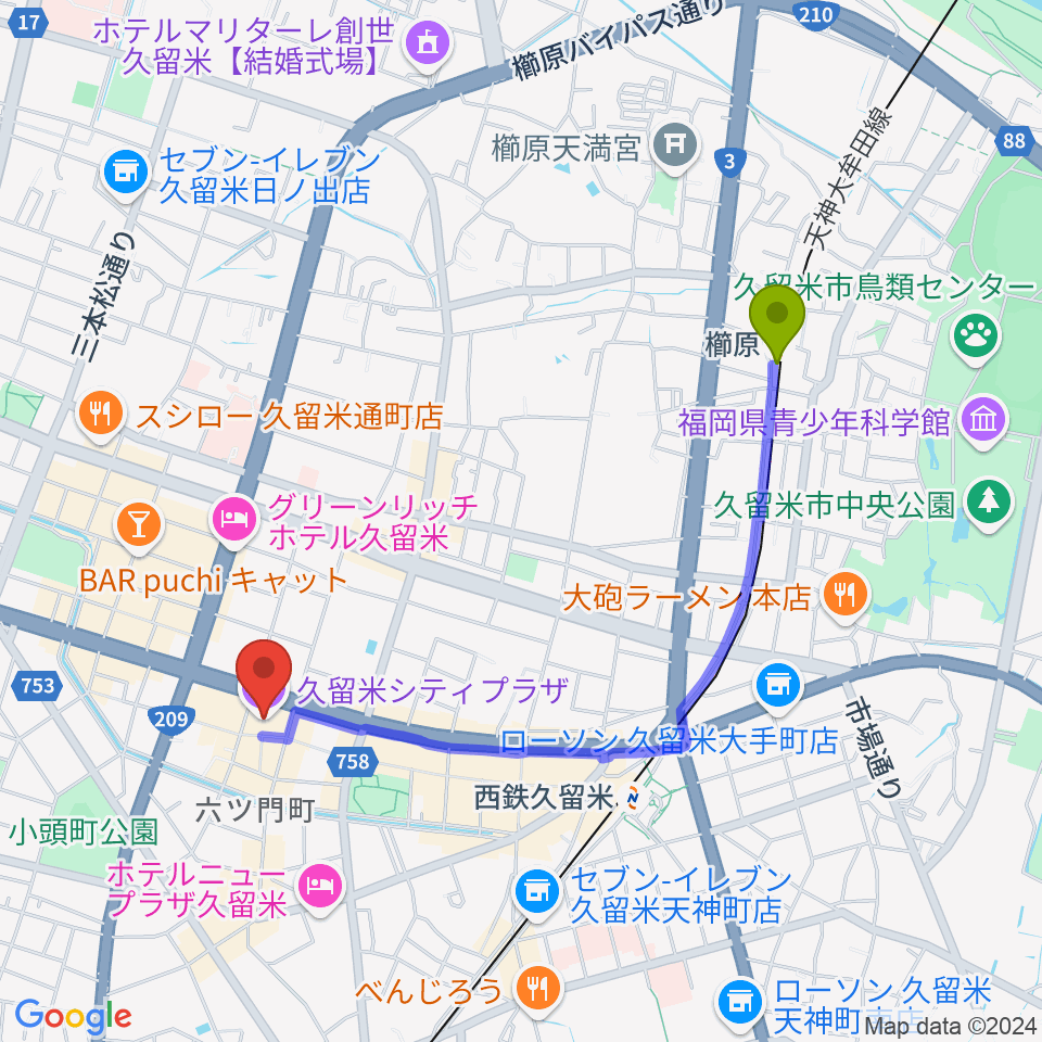 櫛原駅から久留米シティプラザへのルートマップ地図