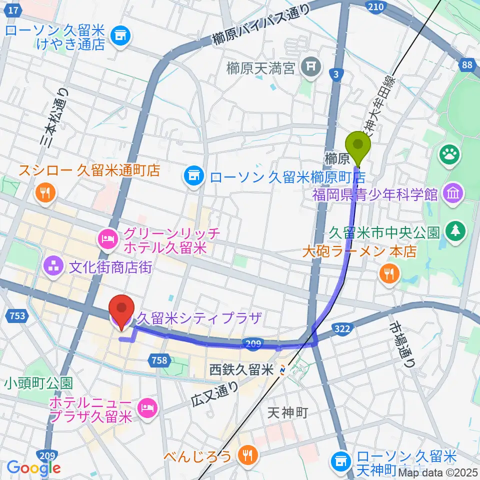 櫛原駅から久留米シティプラザへのルートマップ地図