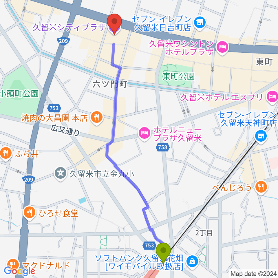 花畑駅から久留米シティプラザへのルートマップ地図