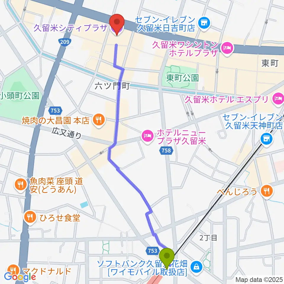 花畑駅から久留米シティプラザへのルートマップ地図