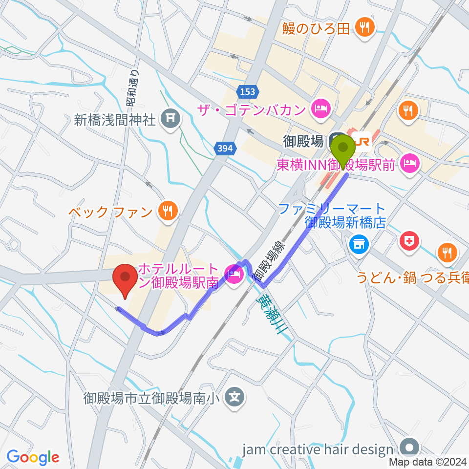 富士山GOGOエフエムの最寄駅御殿場駅からの徒歩ルート（約8分）地図