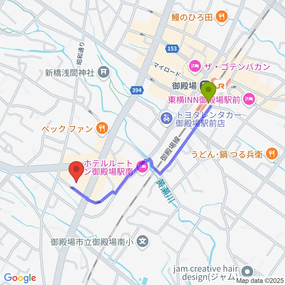富士山GOGOエフエムの最寄駅御殿場駅からの徒歩ルート（約8分）地図