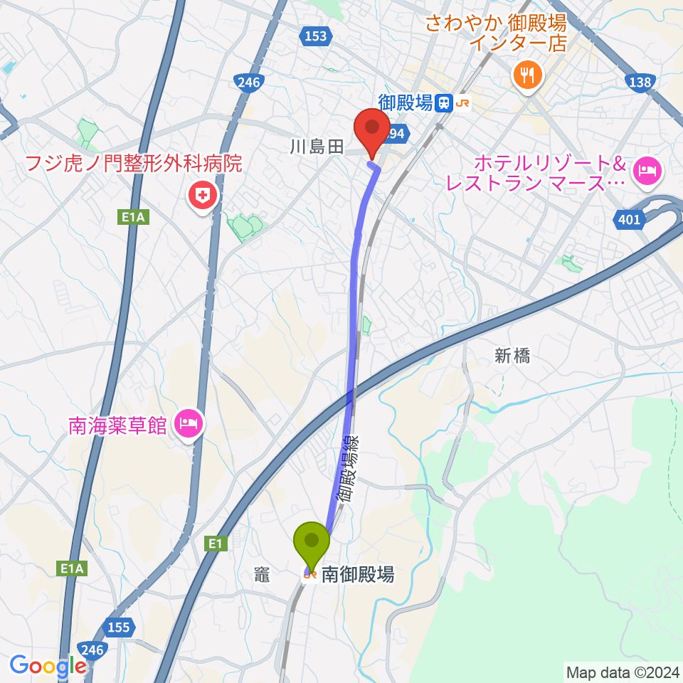 南御殿場駅から富士山GOGOエフエムへのルートマップ地図