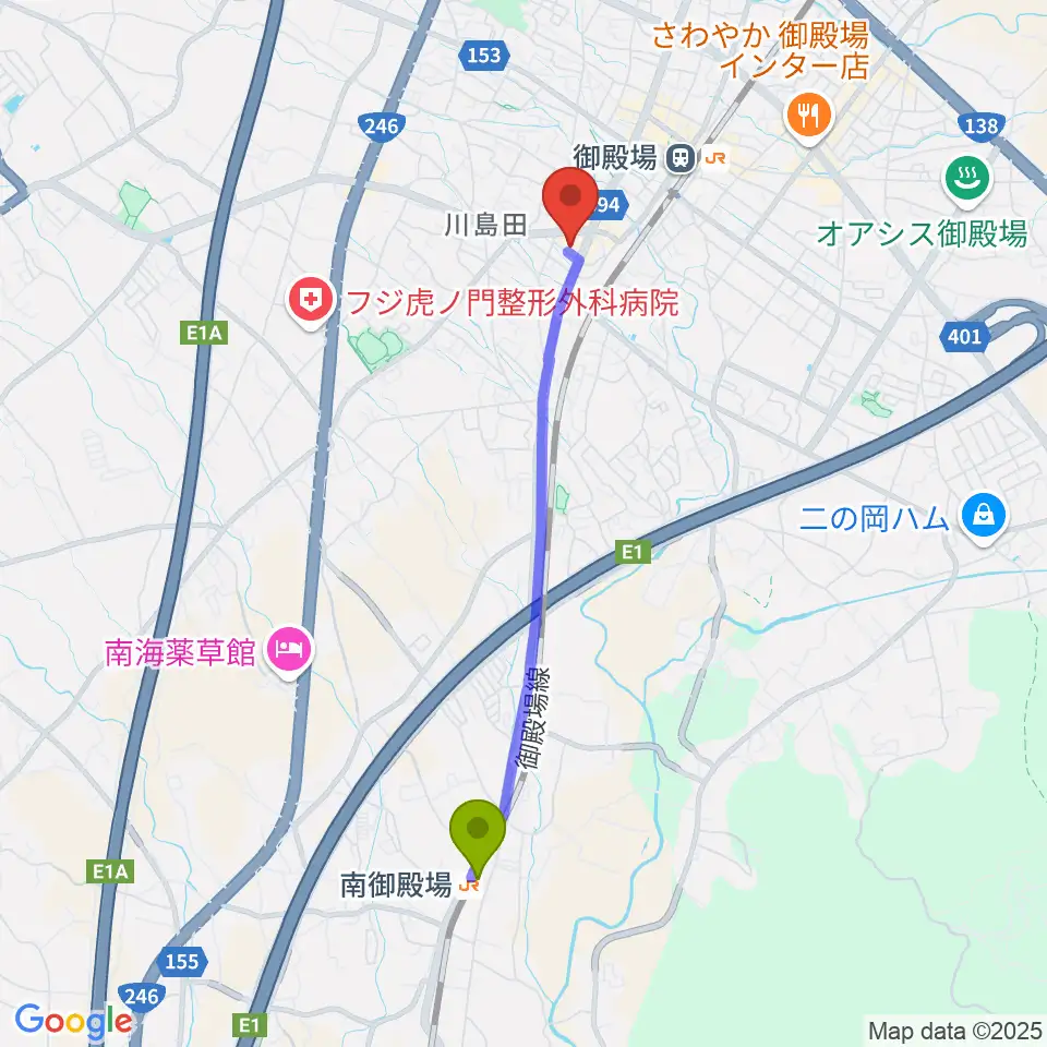 南御殿場駅から富士山GOGOエフエムへのルートマップ地図