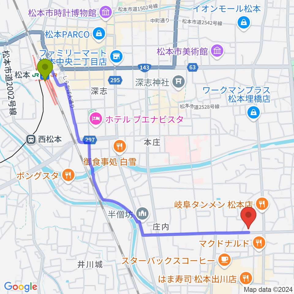 松本駅からFMまつもとへのルートマップ地図