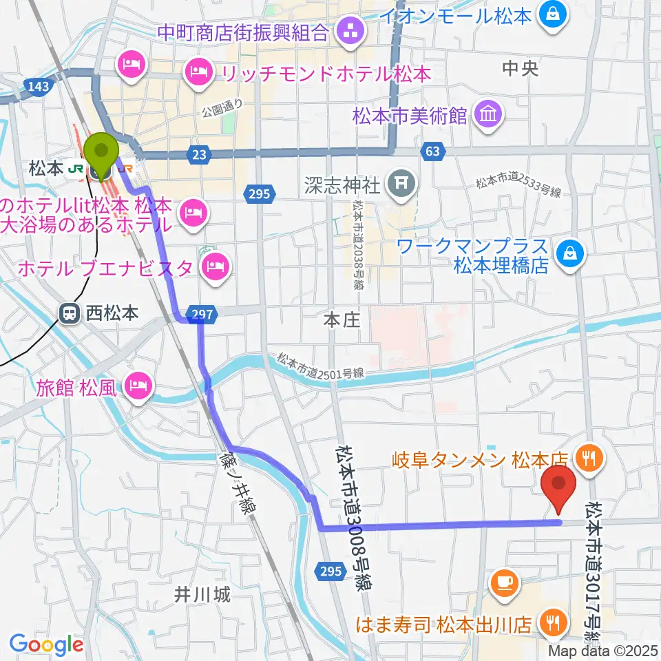 松本駅からFMまつもとへのルートマップ地図