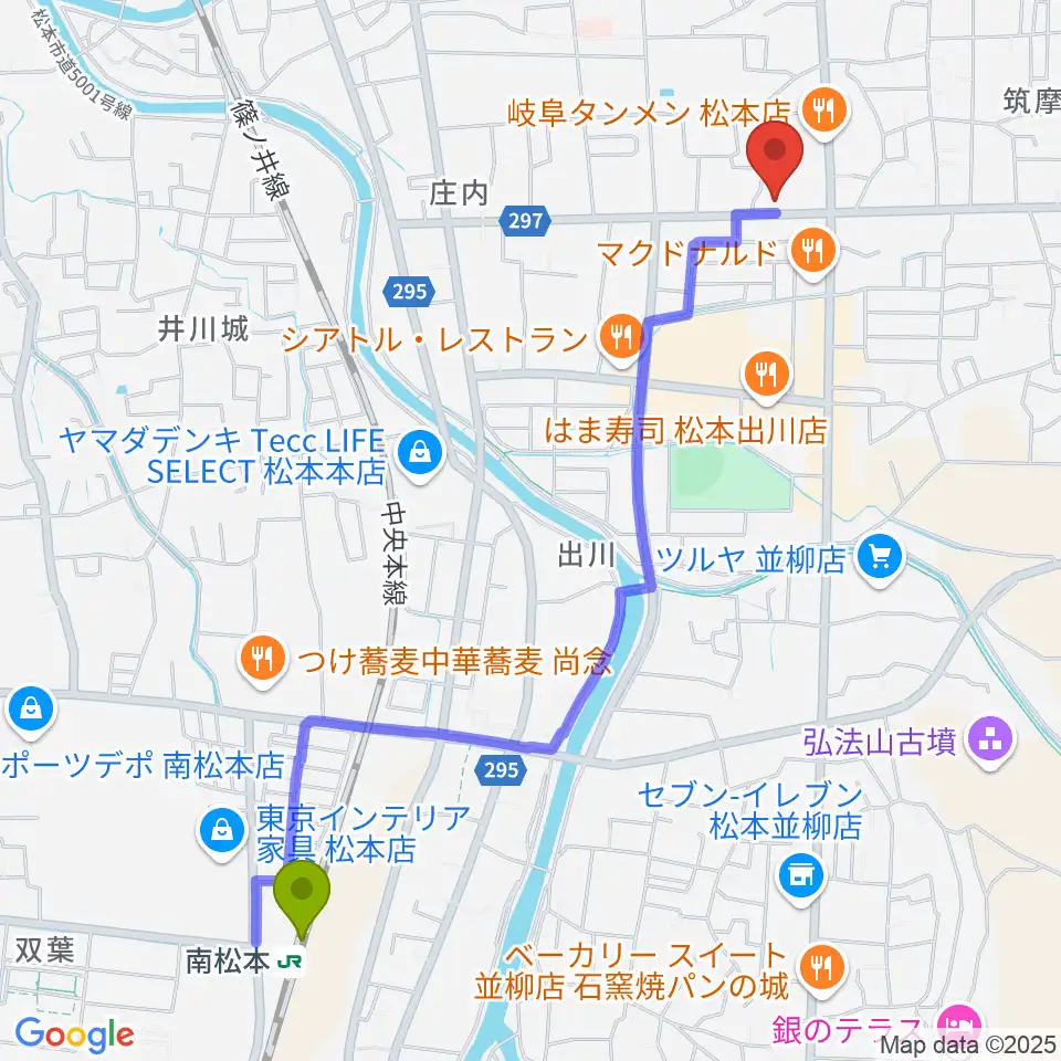 南松本駅からFMまつもとへのルートマップ地図