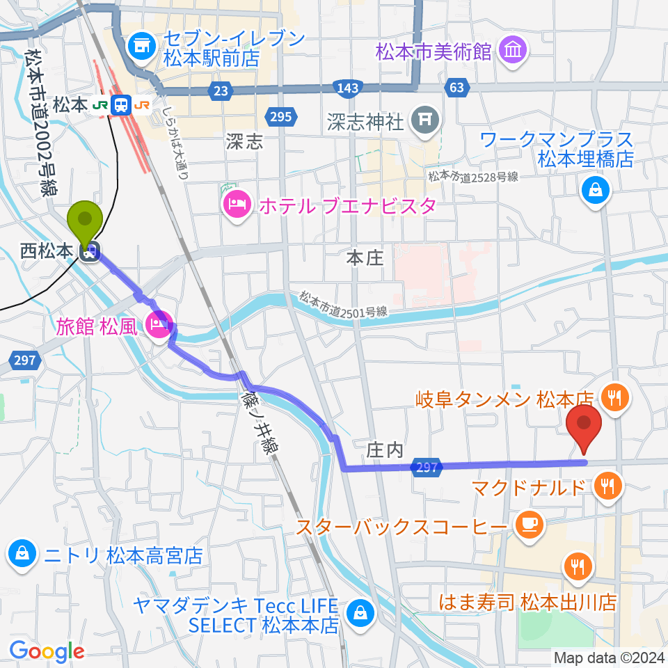 FMまつもとの最寄駅西松本駅からの徒歩ルート（約25分）地図