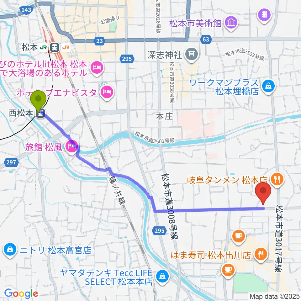 FMまつもとの最寄駅西松本駅からの徒歩ルート（約25分）地図