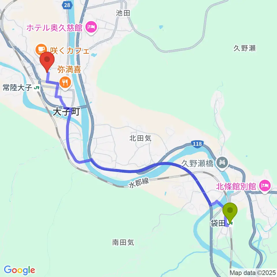 袋田駅からFMだいごへのルートマップ地図