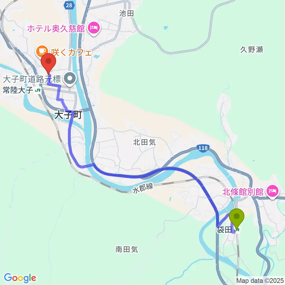 袋田駅からFMだいごへのルートマップ地図