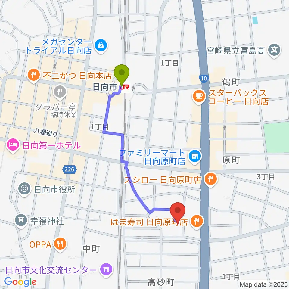 FMひゅうがの最寄駅日向市駅からの徒歩ルート（約8分）地図