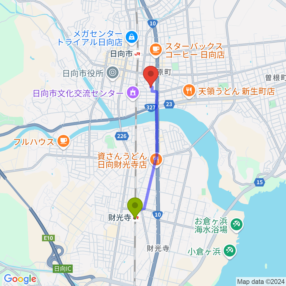 財光寺駅からFMひゅうがへのルートマップ地図