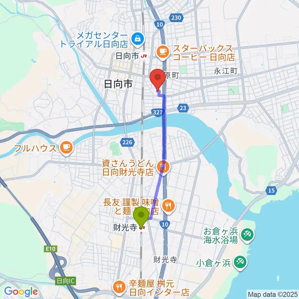 財光寺駅からFMひゅうがへのルートマップ地図