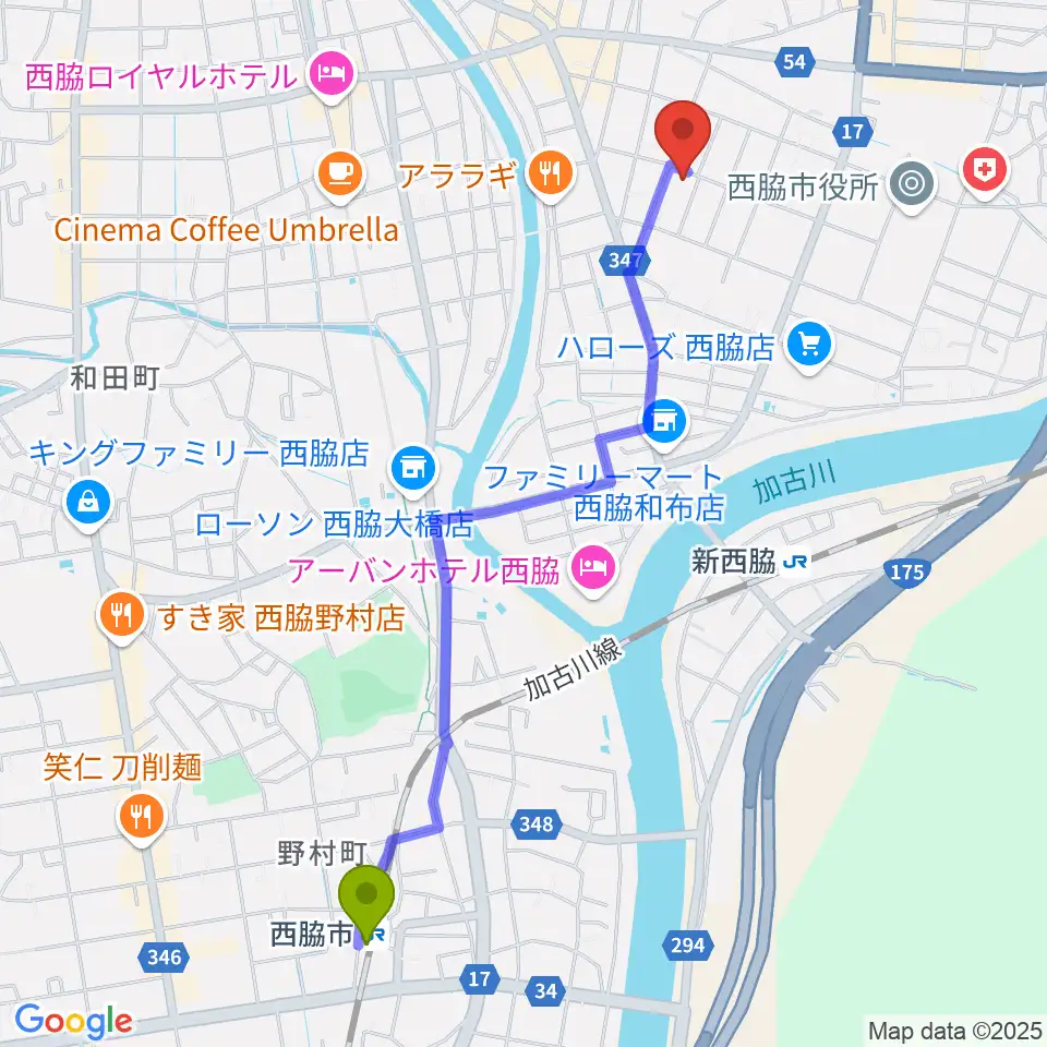 西脇市駅から岡本ピアノ工房へのルートマップ地図