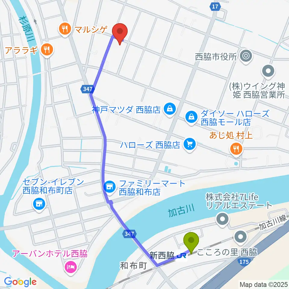 岡本ピアノ工房の最寄駅新西脇駅からの徒歩ルート（約12分）地図